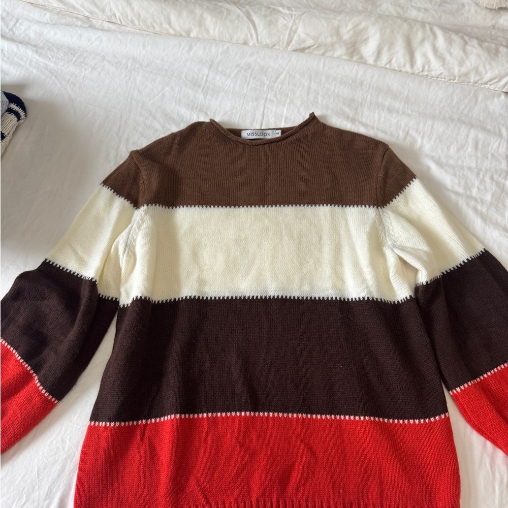 Colorful Crewneck Sweater - Brown, White, Red